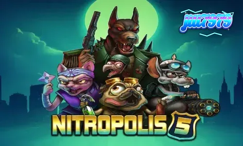 Ang makulay at magulong grid ng Nitropolis 5 slot na may mga karakter na hayop.
