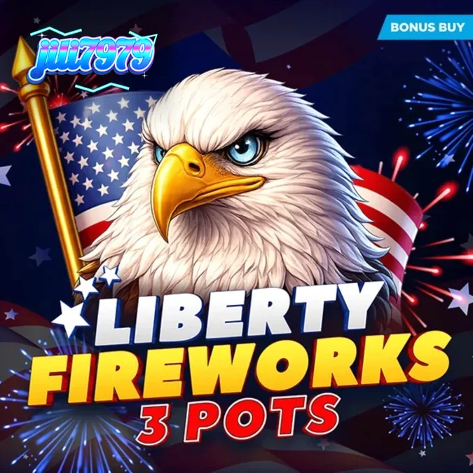 Liberty Fireworks 3 Pots slot game screen na may makukulay na paputok at American theme symbols.